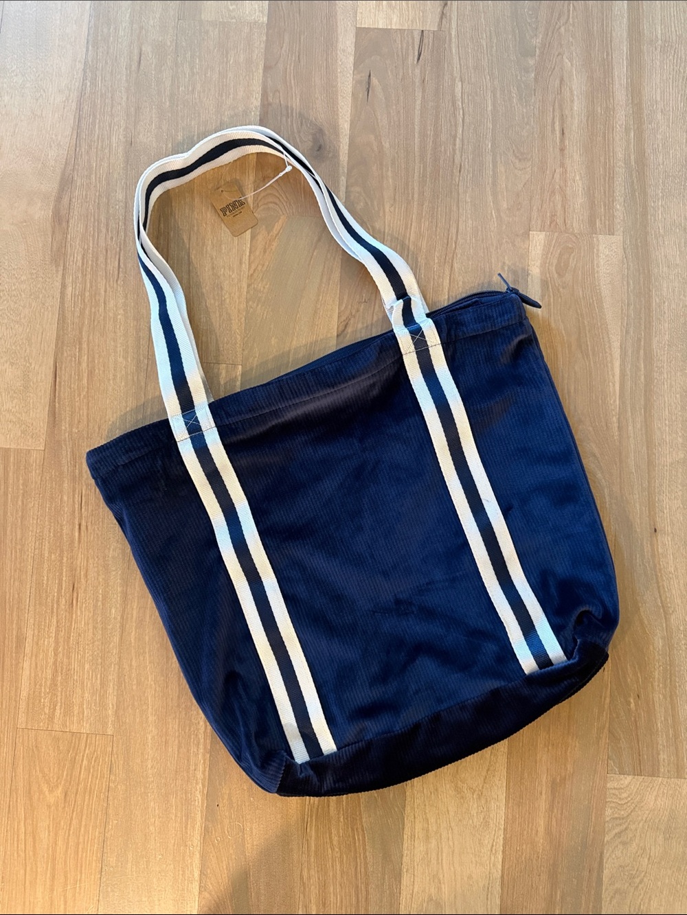 PINK Victoria's Secret Navy Corduroy Tote with Striped Handles